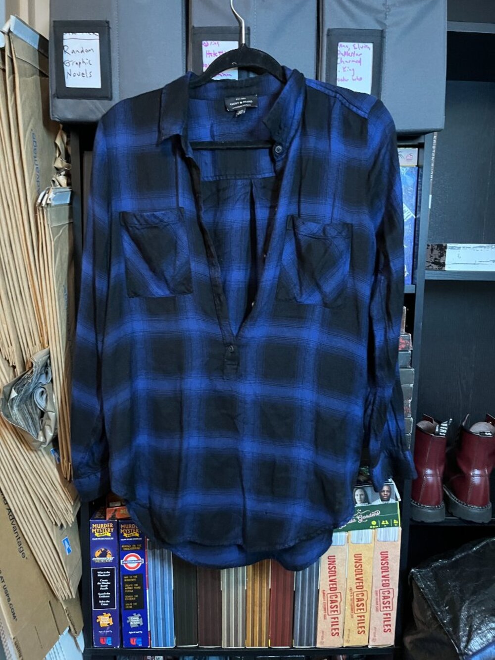 Lucky Brand Blue & Black Plaid Popover Button Shirt Women's Small